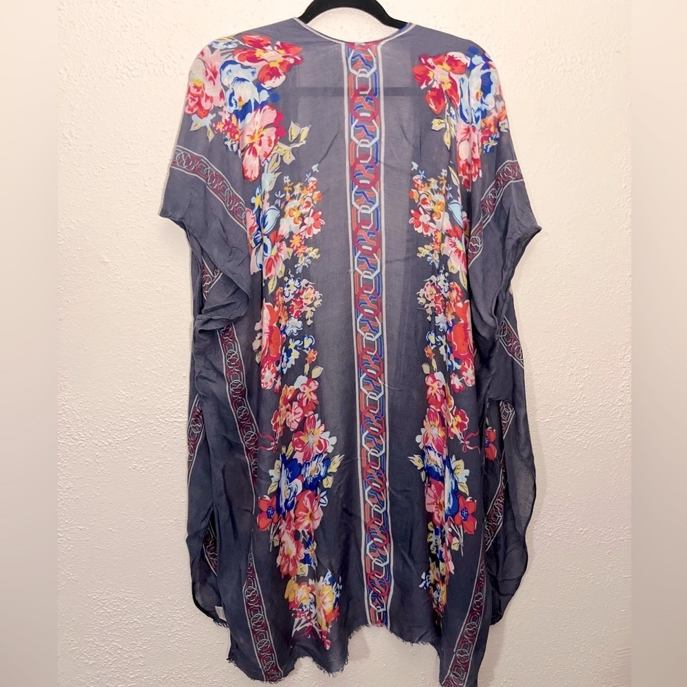 Woven Heart Blue Floral Print Boho Kimono One Size - Picture 2 of 5